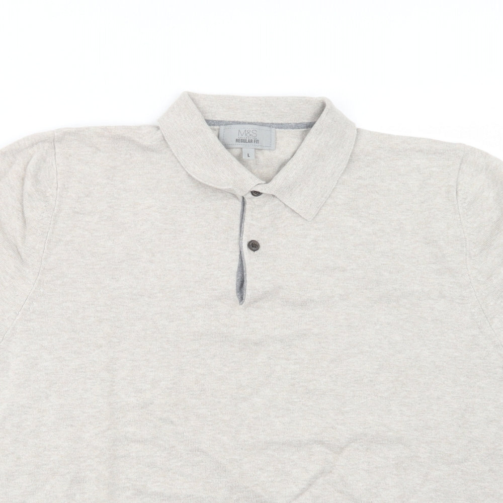 Marks and Spencer Mens Beige  Cotton  Polo Size L Collared Button