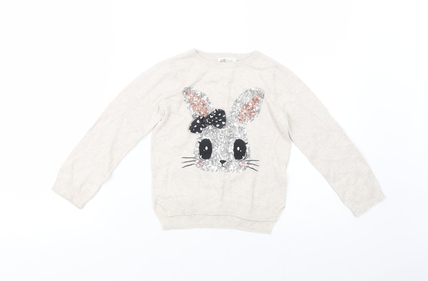 H&M Girls Beige Crew Neck  Cotton Pullover Jumper Size 4-5 Years  Pullover - Bunny