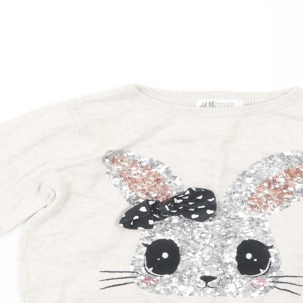 H&M Girls Beige Crew Neck  Cotton Pullover Jumper Size 4-5 Years  Pullover - Bunny