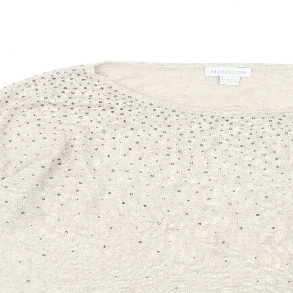 Monsoon Womens Beige Round Neck  Viscose Pullover Jumper Size 16