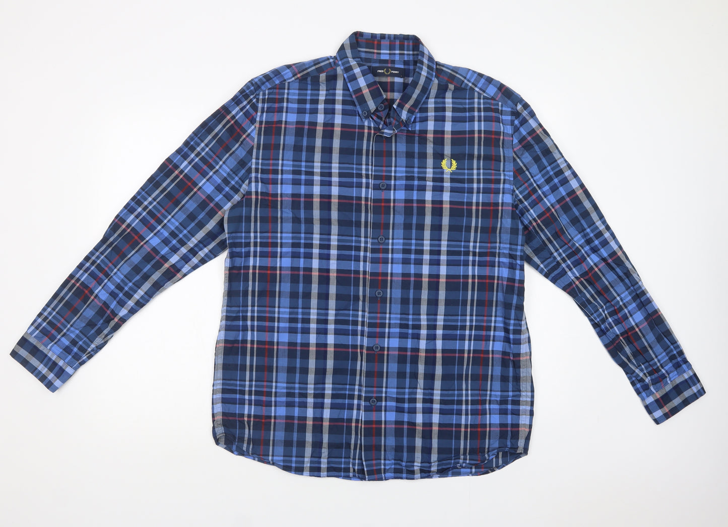 Fred Perr Mens Blue Plaid Cotton  Button-Up Size L Collared Button