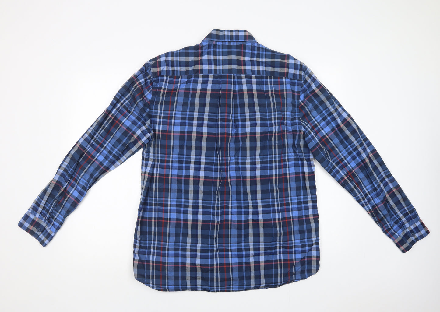 Fred Perr Mens Blue Plaid Cotton  Button-Up Size L Collared Button