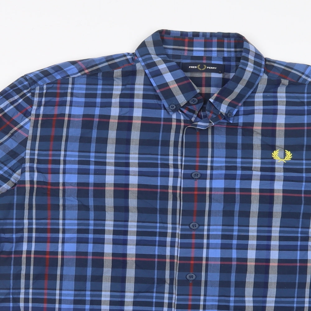 Fred Perr Mens Blue Plaid Cotton  Button-Up Size L Collared Button