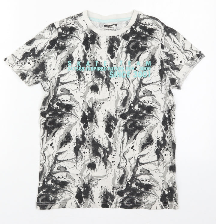 F&F Boys Grey  Cotton Basic T-Shirt Size 9-10 Years Crew Neck Pullover - Skate Team Marble Effect