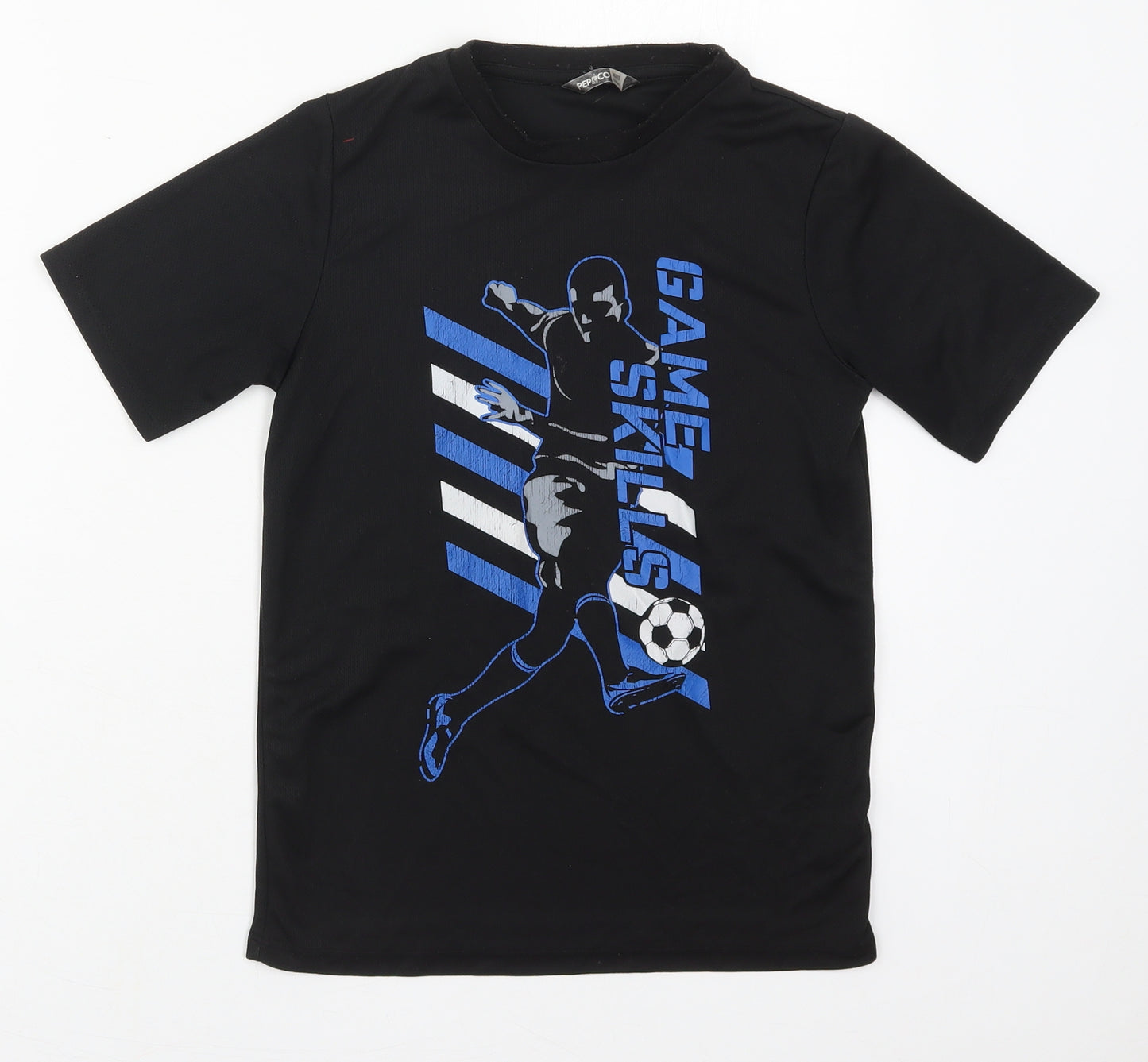 Pep&Co Boys Black  Polyester Basic T-Shirt Size 9-10 Years Crew Neck Pullover - Game Skills