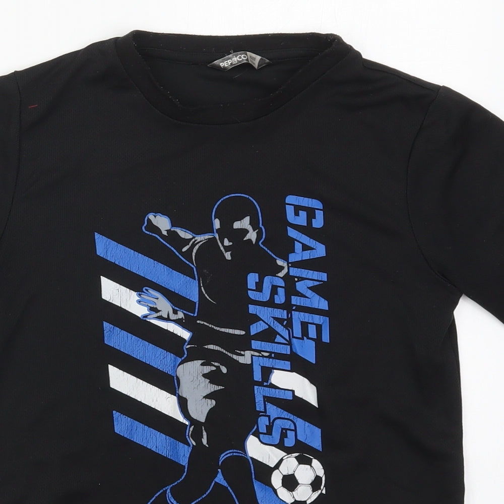 Pep&Co Boys Black  Polyester Basic T-Shirt Size 9-10 Years Crew Neck Pullover - Game Skills