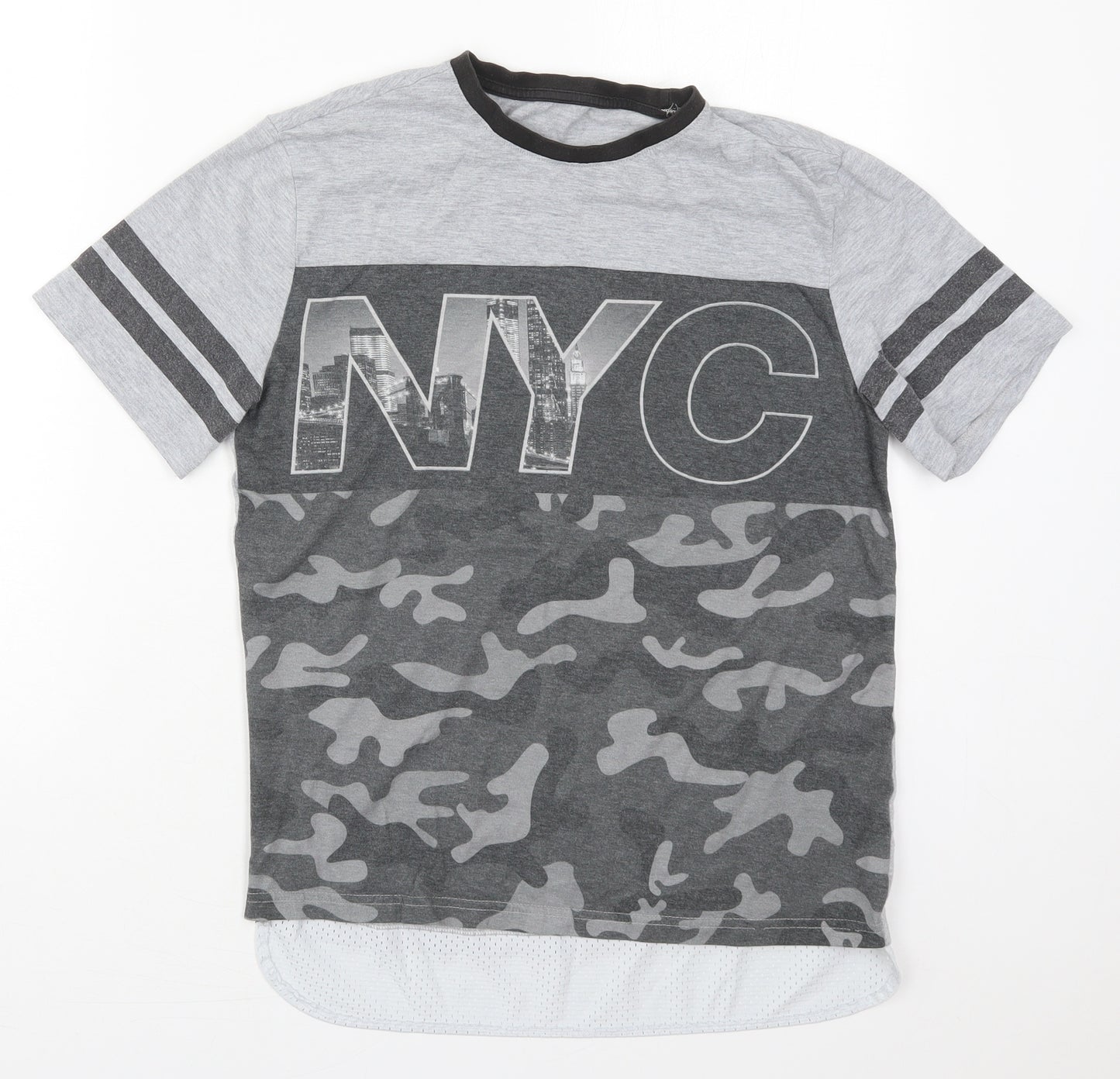 F&F Boys Grey Camouflage Cotton Basic T-Shirt Size 12-13 Years Crew Neck Pullover - NYC