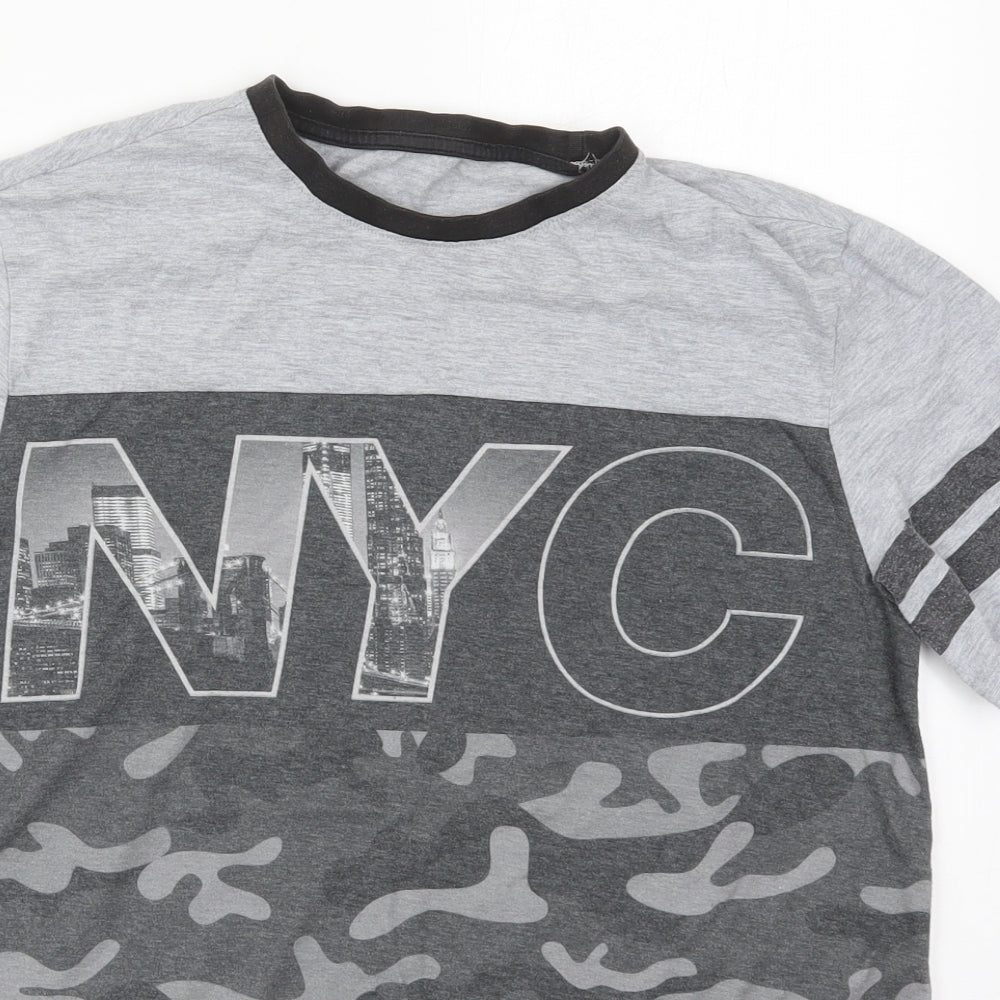 F&F Boys Grey Camouflage Cotton Basic T-Shirt Size 12-13 Years Crew Neck Pullover - NYC
