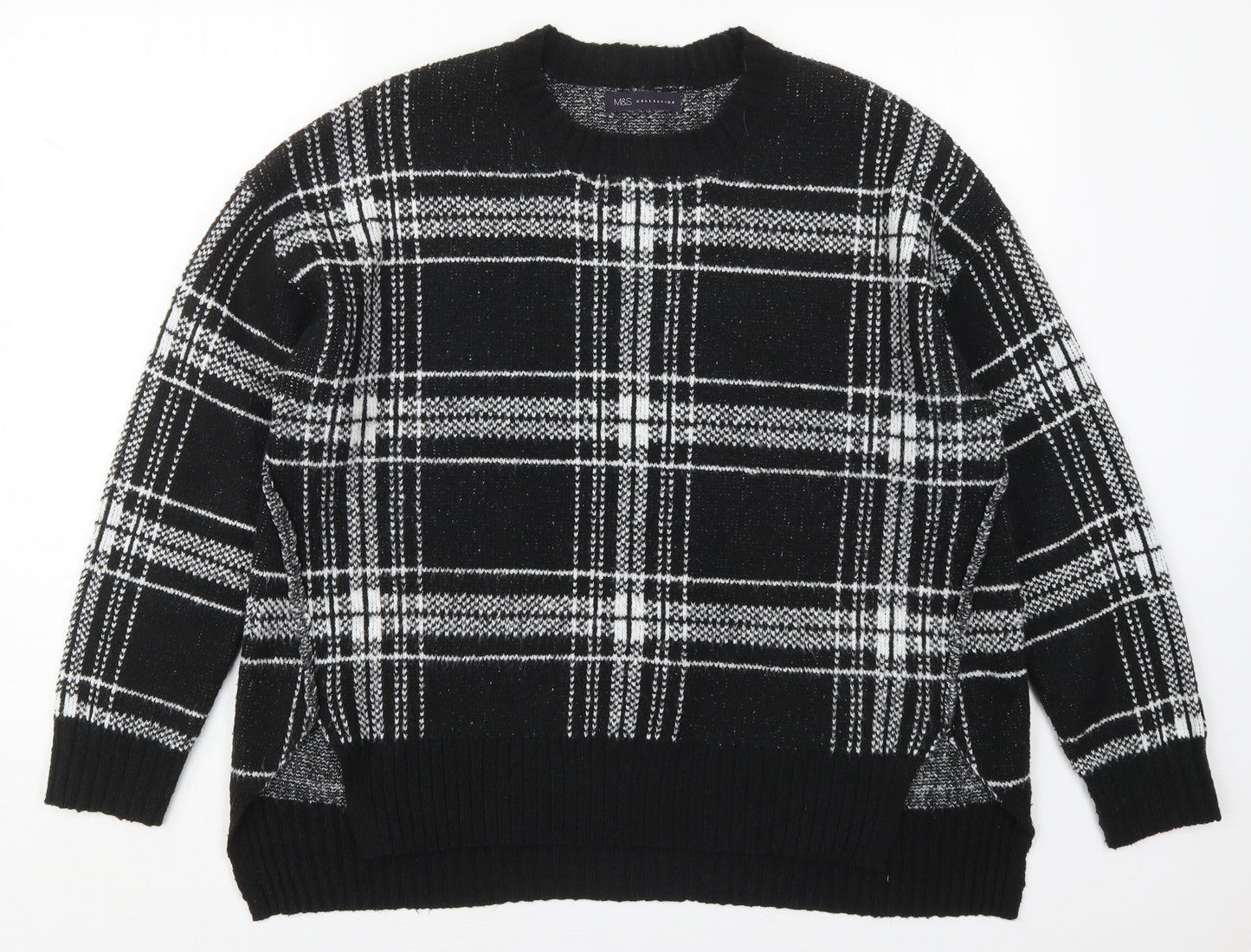 Marks and Spencer Womens Black Round Neck Check Acrylic Pullover Jumper Size L