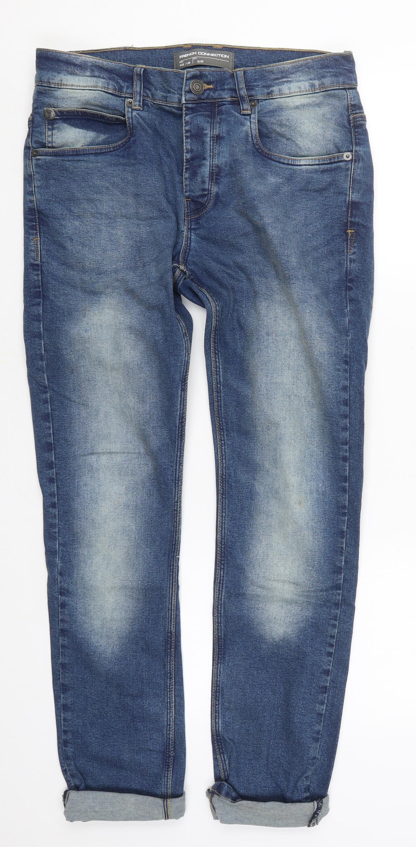 French Connection Mens Blue  Cotton Straight Jeans Size 30 L32 in Regular Button