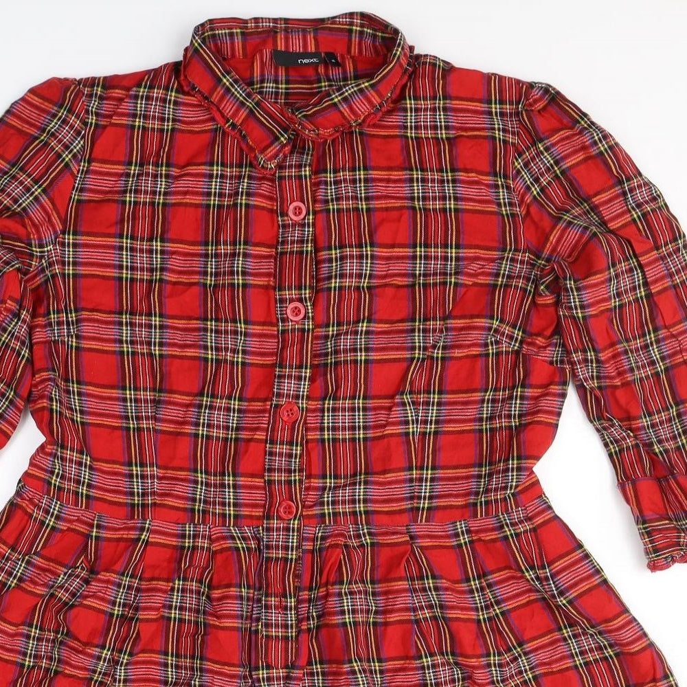 NEXT Womens Red Plaid 100% Cotton Fit & Flare  Size 16  Collared Button