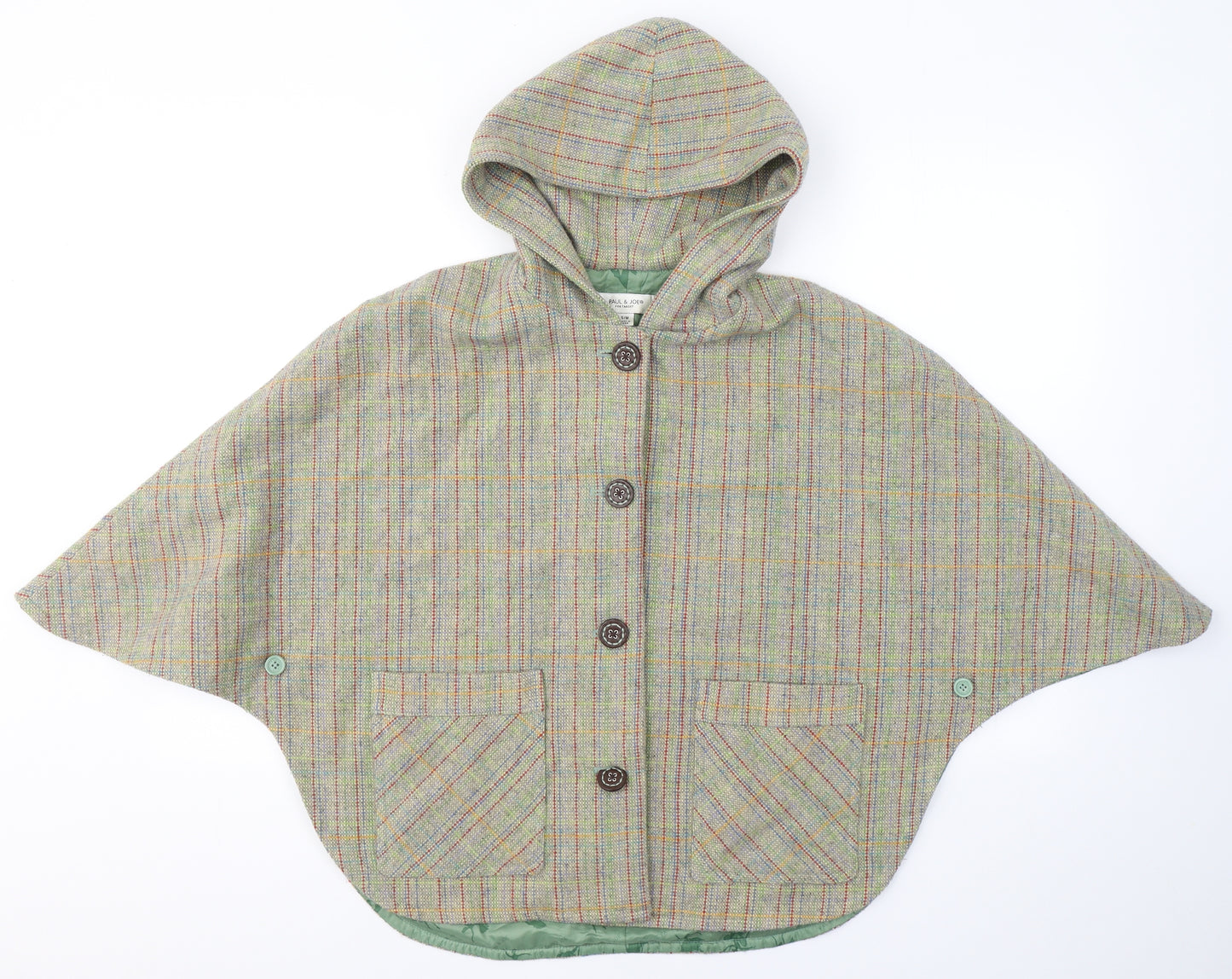PAUL & JOE Womens Green Plaid  Jacket Poncho Size S  Button