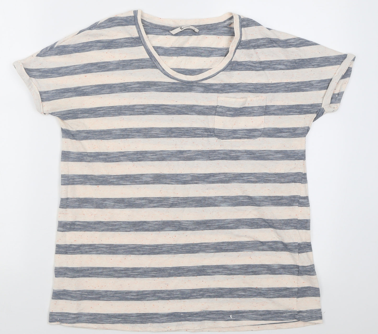 TU Womens Grey Striped Cotton Basic T-Shirt Size 8 Crew Neck