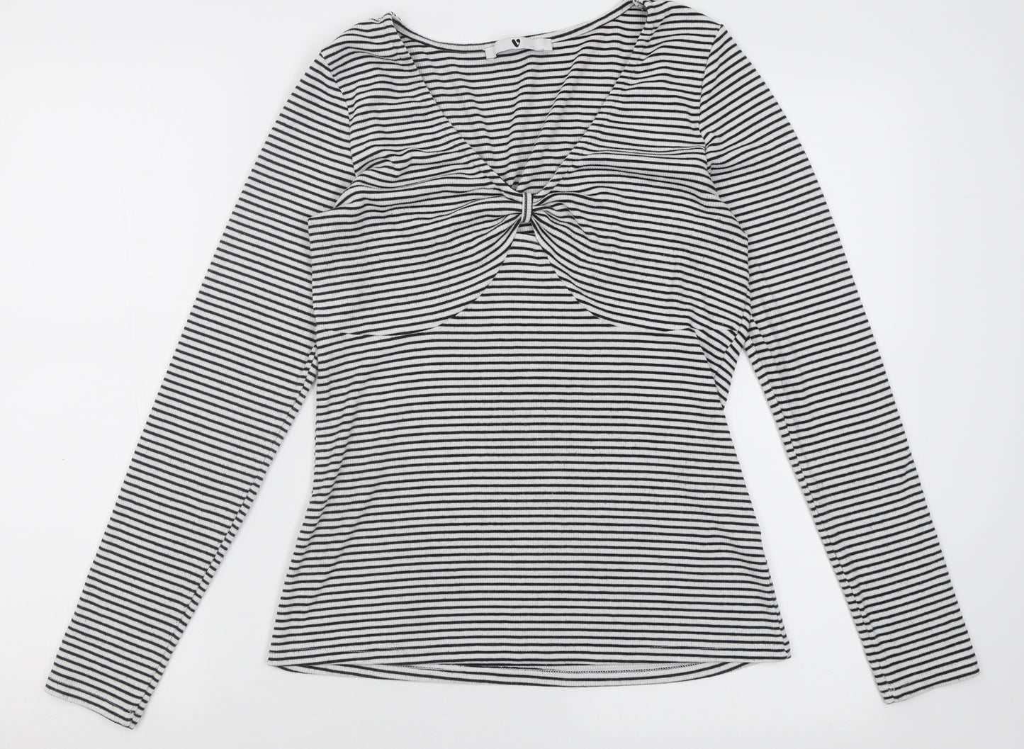 Very Womens White Striped Polyester Basic T-Shirt Size 12 V-Neck