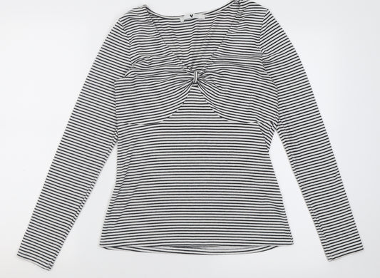 Front view of Very women’s white striped polyester basic t-shirt, size UK 12, v-neck