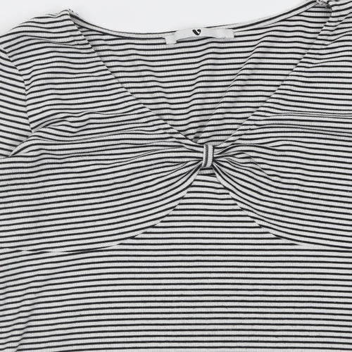Very Womens White Striped Polyester Basic T-Shirt Size 12 V-Neck