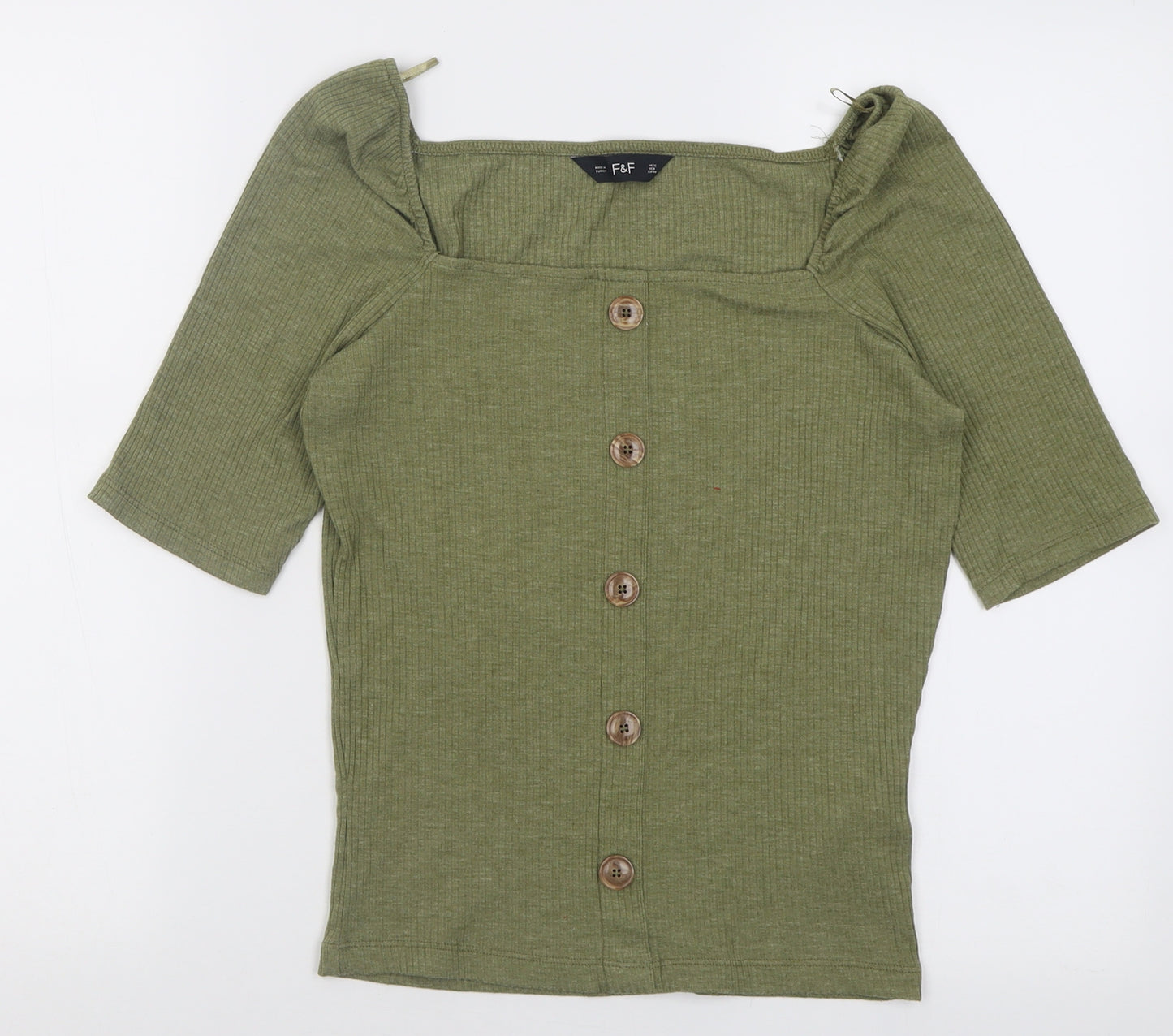 F&F Womens Green  Polyester Basic T-Shirt Size 12 Square Neck