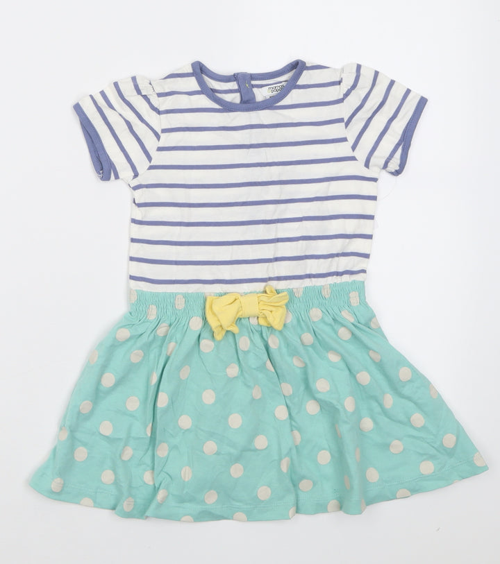 mamas & papas Girls Blue Striped Cotton A-Line Size 18 Months Crew Neck Button