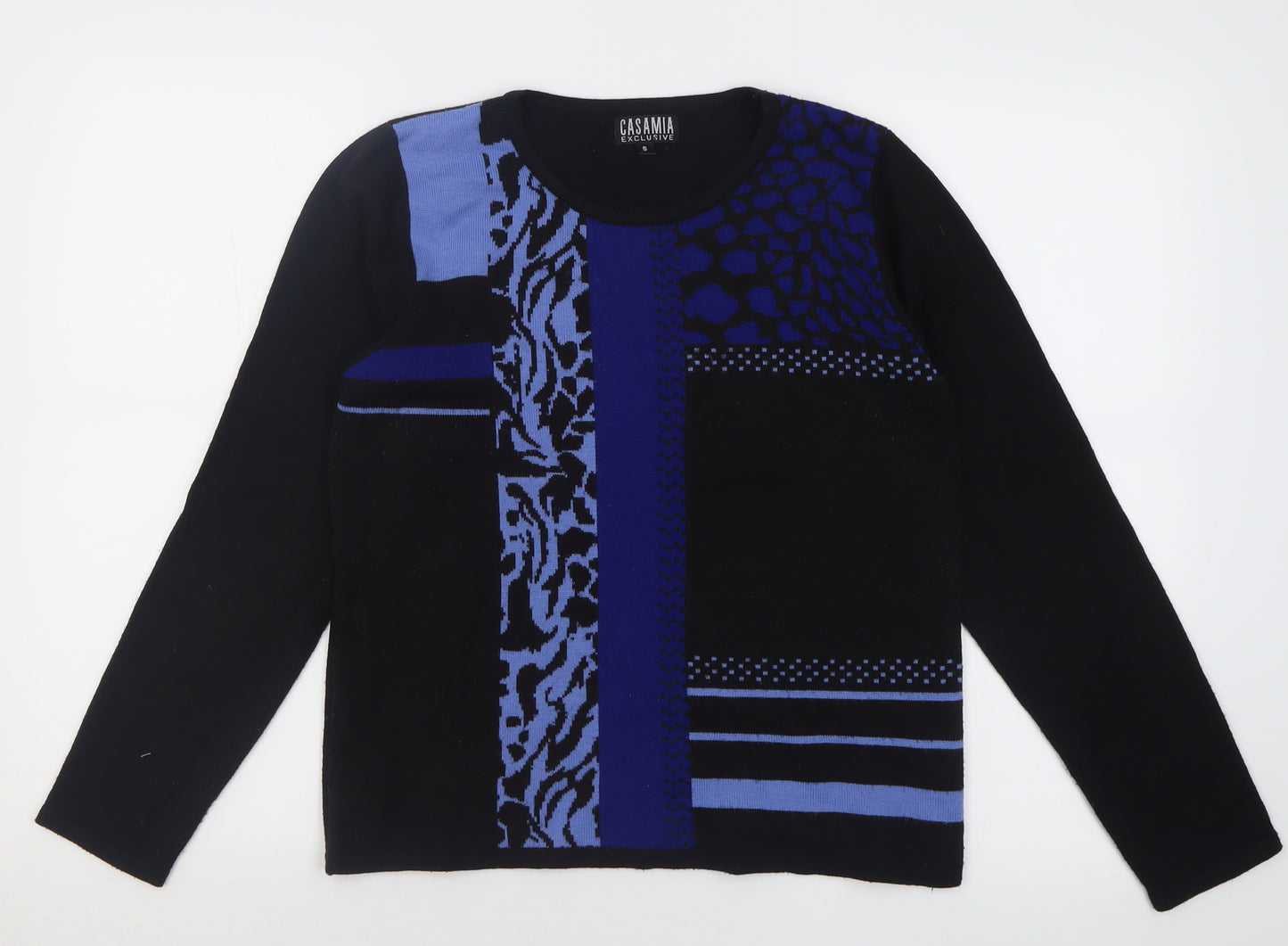 Casamia Womens Blue Crew Neck Geometric Acrylic Pullover Jumper Size S