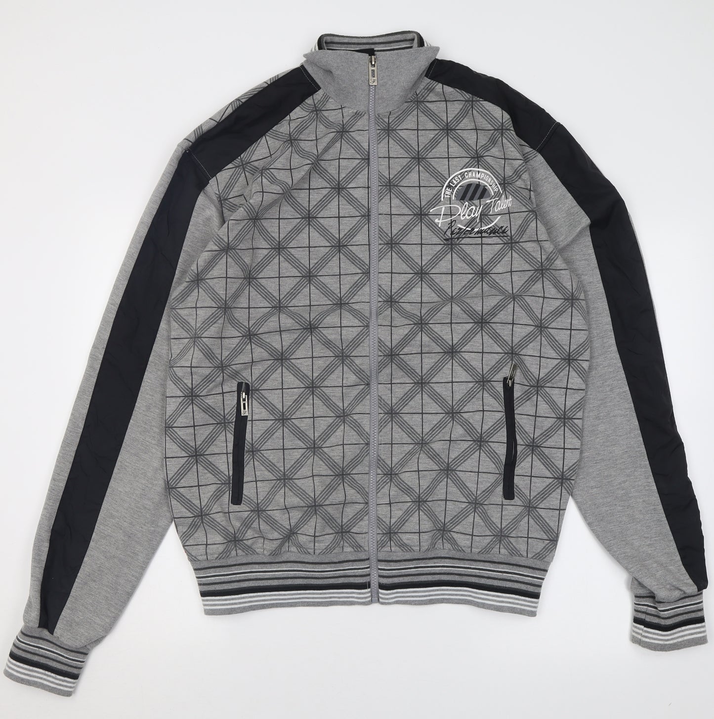 FRLENDI Mens Grey Argyle/Diamond Cotton Full Zip Sweatshirt Size 2XL