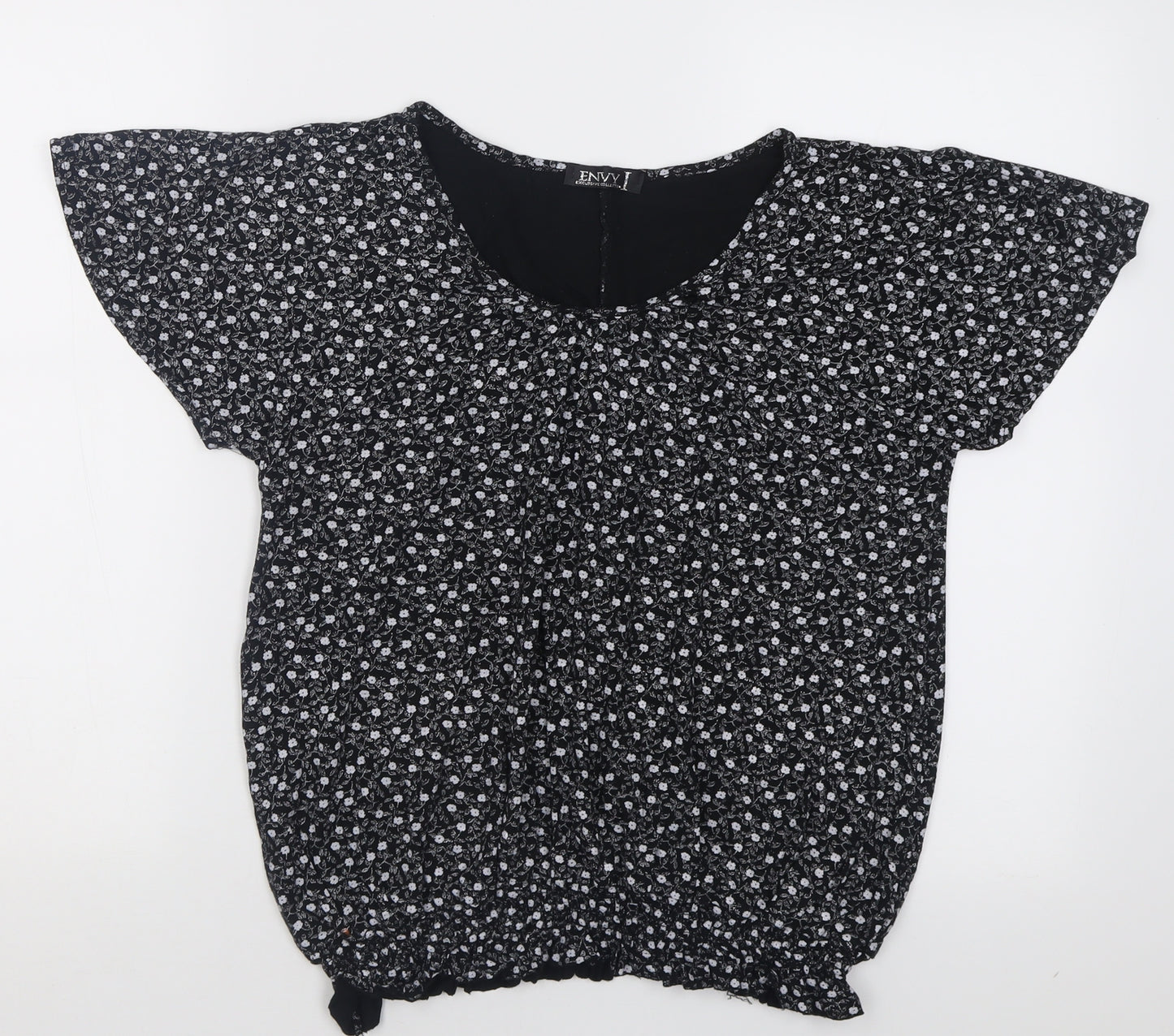 Envy Womens Black Floral Viscose Basic T-Shirt Size M V-Neck