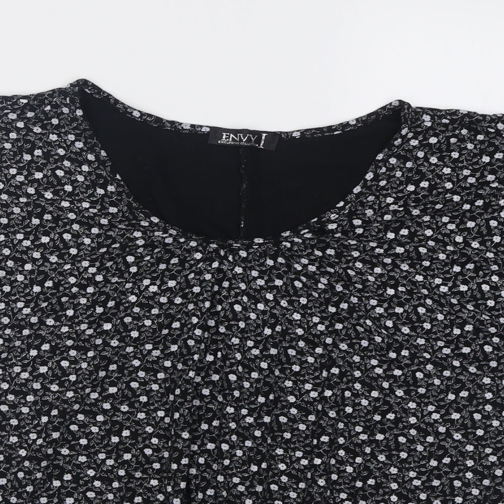 Envy Womens Black Floral Viscose Basic T-Shirt Size M V-Neck
