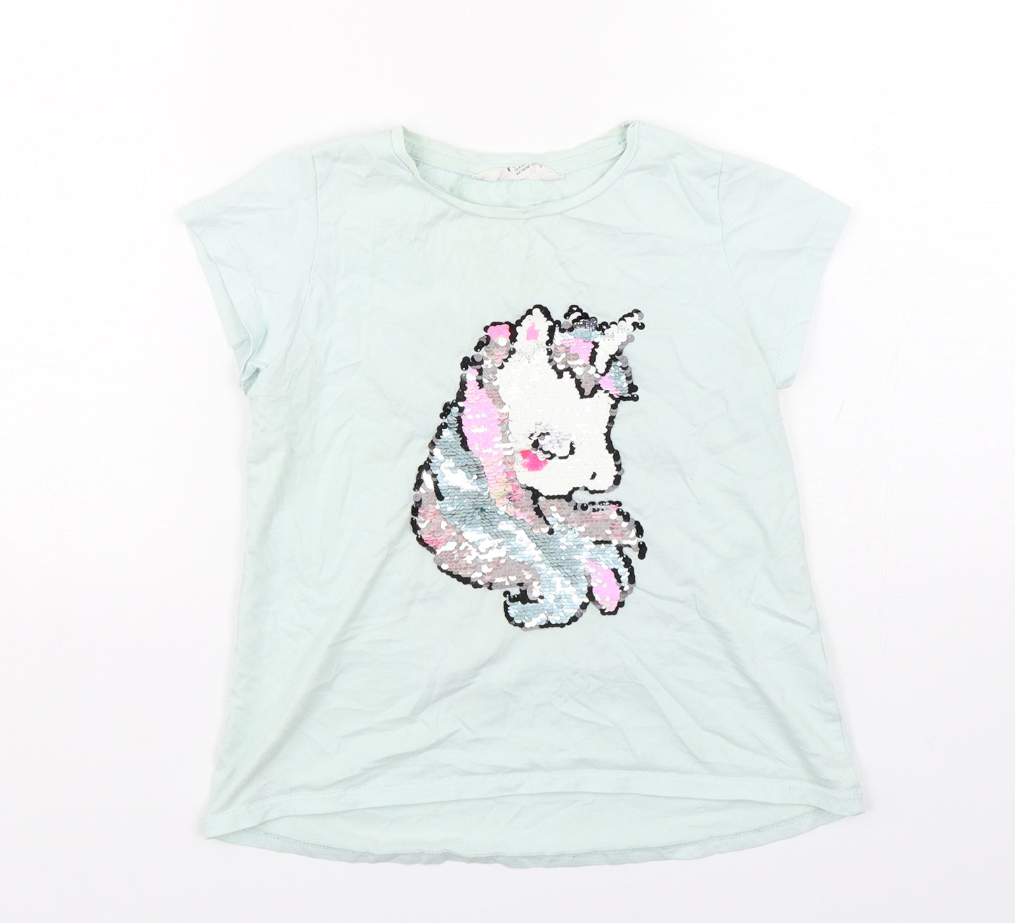 H&M Girls Green  Cotton Basic T-Shirt Size 9-10 Years Round Neck Pullover - Unicorn