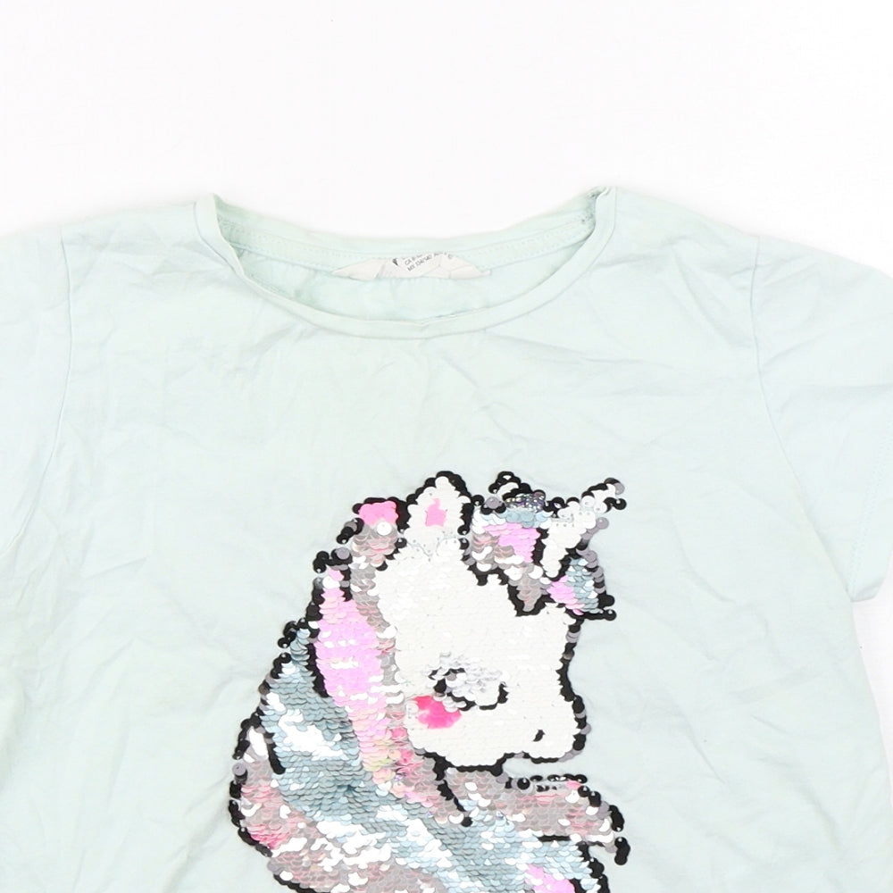 H&M Girls Green  Cotton Basic T-Shirt Size 9-10 Years Round Neck Pullover - Unicorn