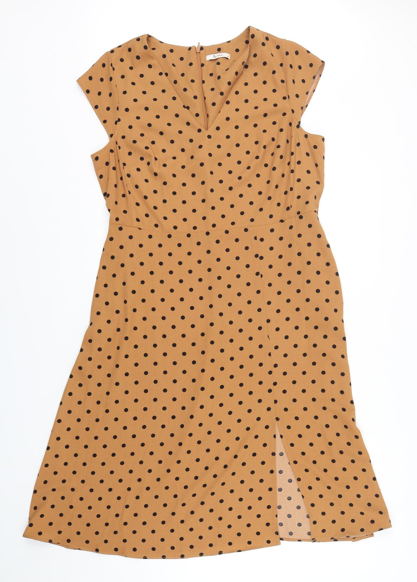 TU Womens Beige Polka Dot Polyester A-Line  Size 16  V-Neck