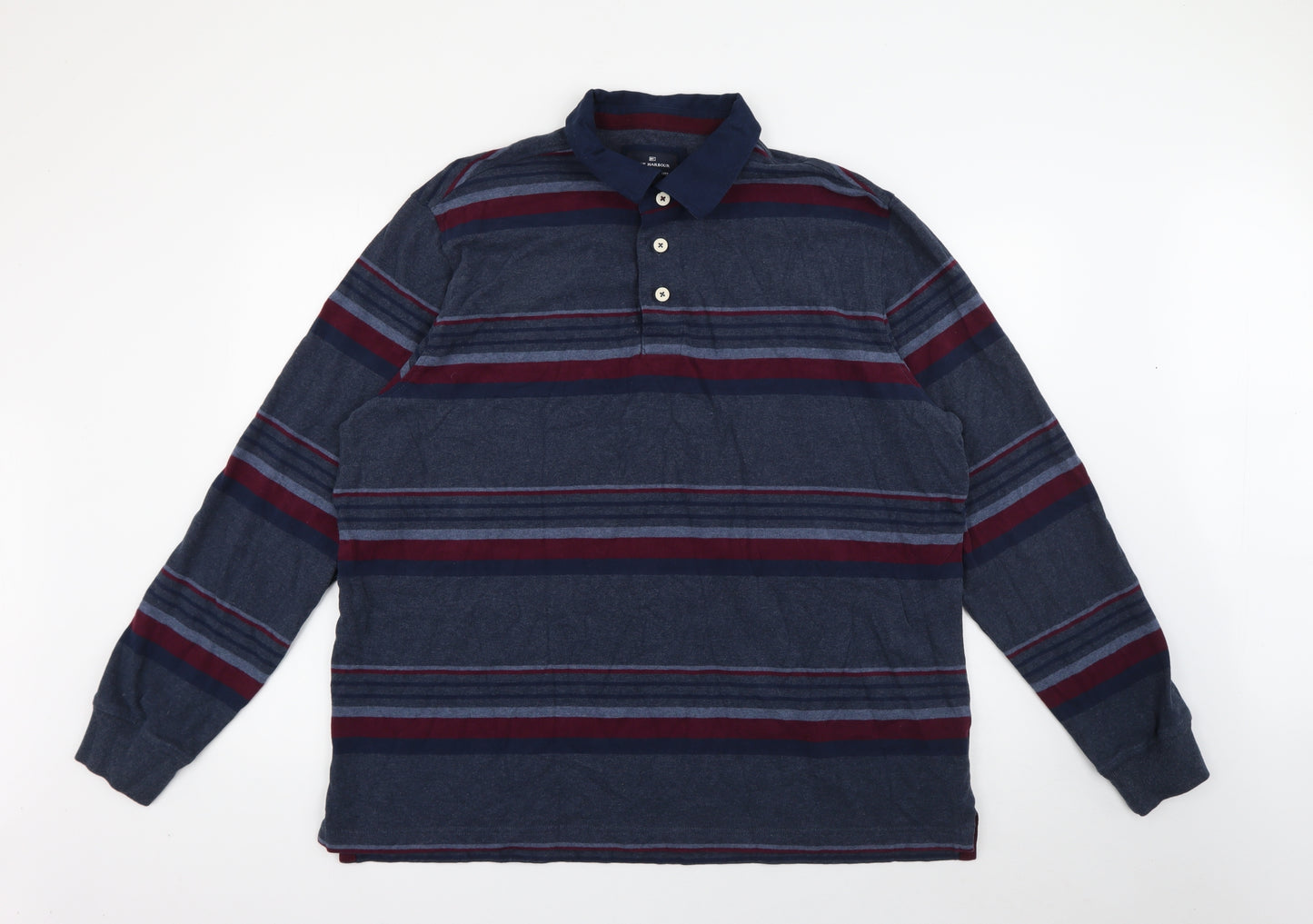 Marks and Spencer Mens Grey Striped Cotton  Polo Size 2XL Collared Button