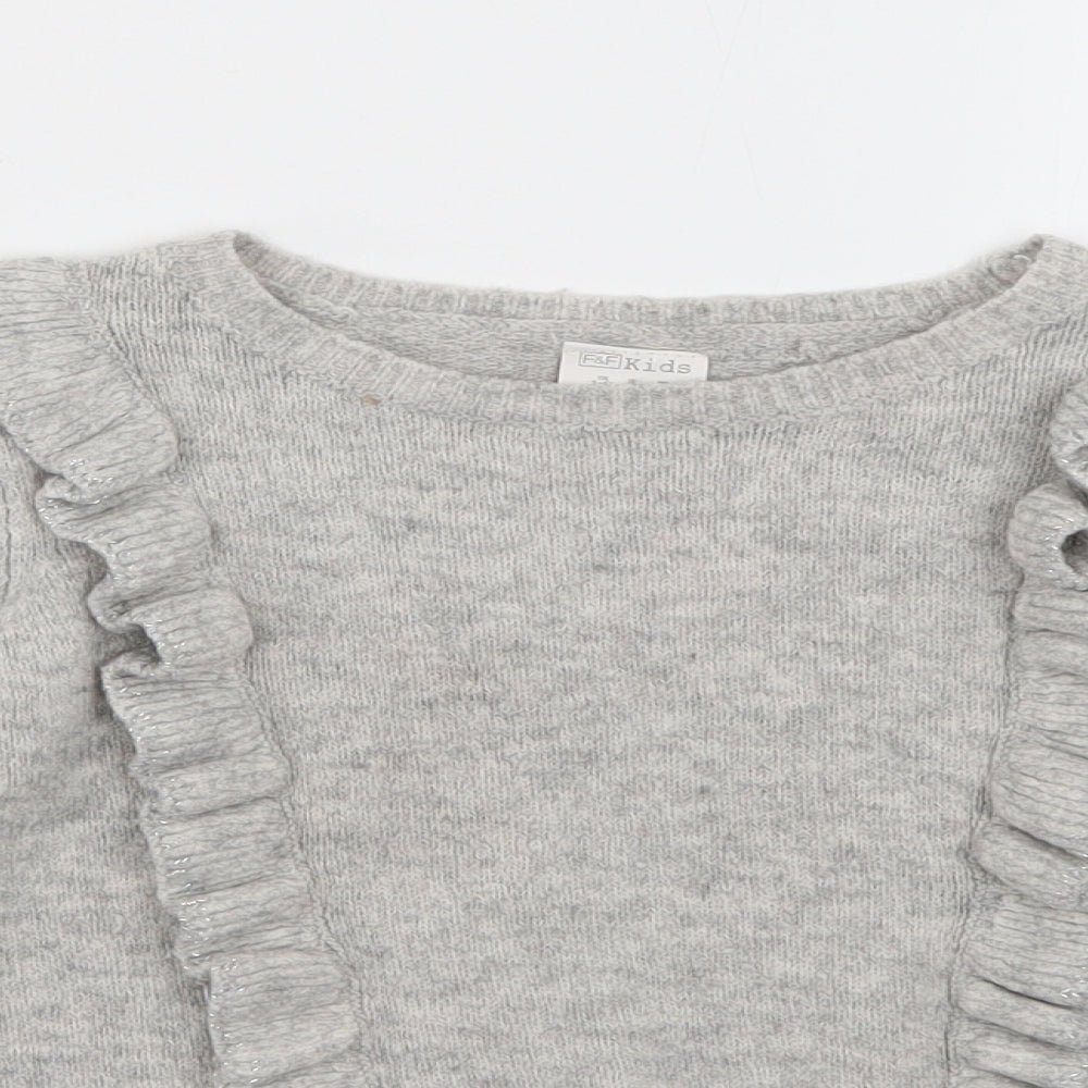 F&F Girls Grey Crew Neck  Acrylic Pullover Jumper Size 5-6 Years