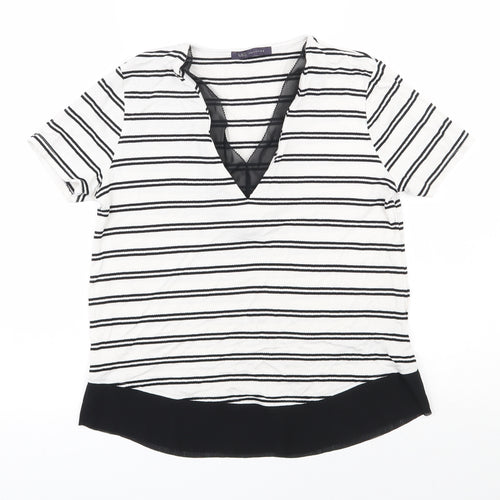 Marks and Spencer Womens White Striped Viscose Jersey T-Shirt Size 6 V-Neck