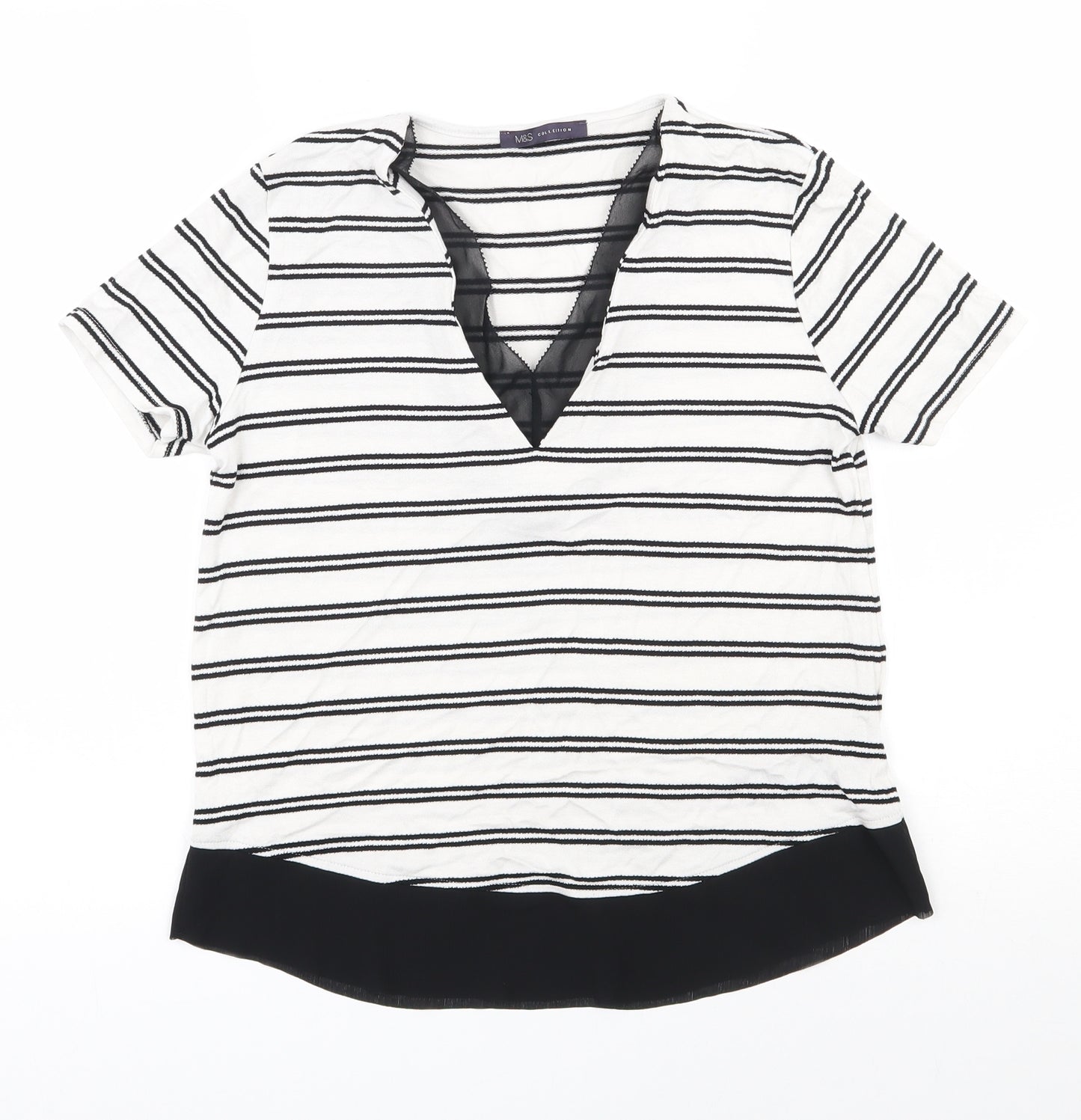 Marks and Spencer Womens White Striped Viscose Jersey T-Shirt Size 6 V-Neck