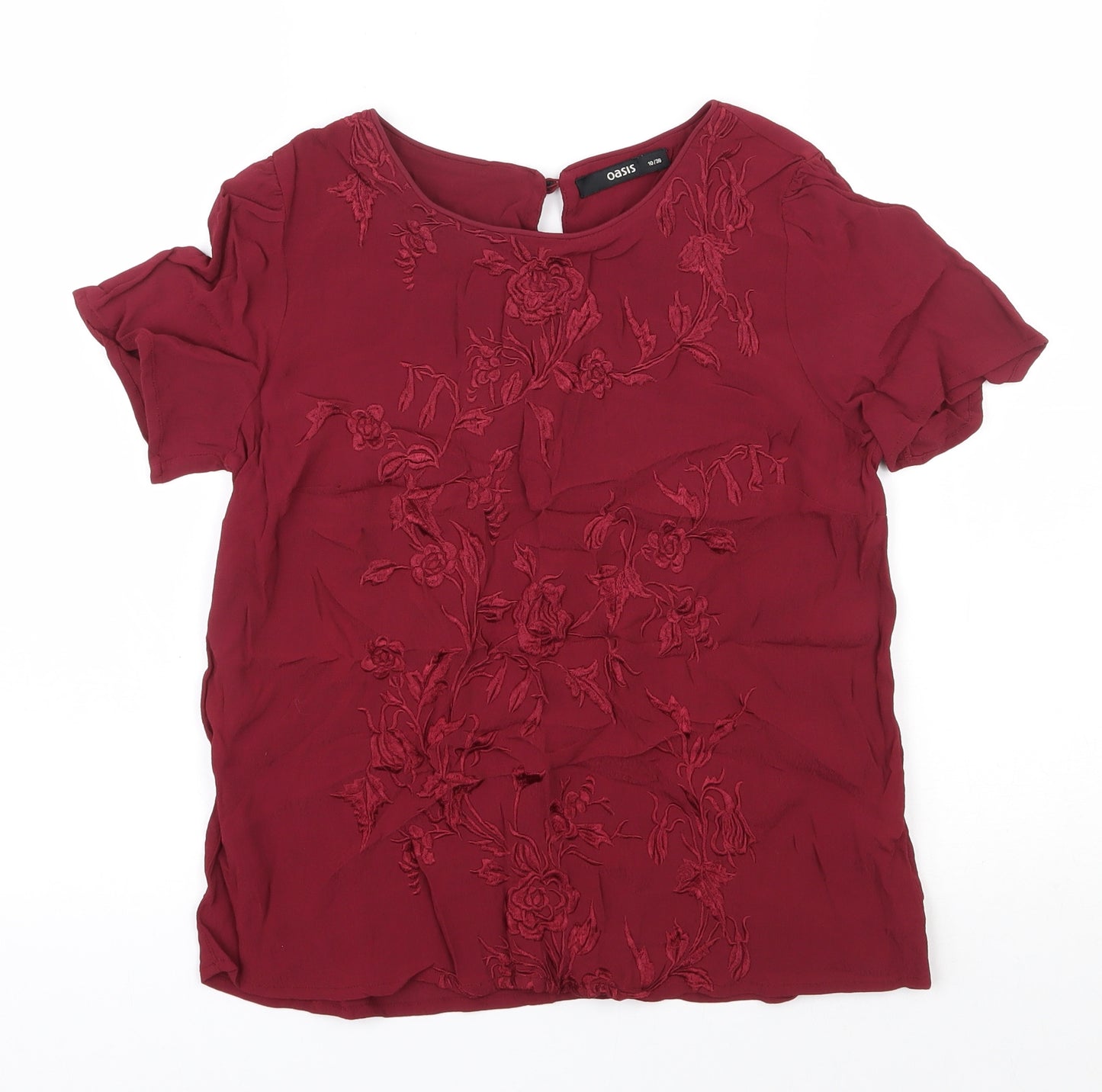 Oasis Womens Red Floral Viscose Basic Blouse Size 10 Round Neck