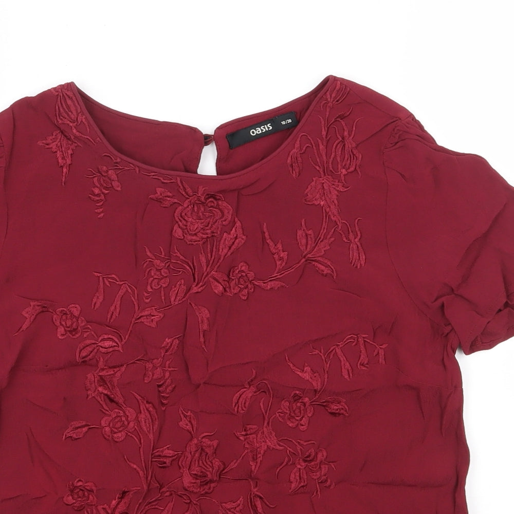 Oasis Womens Red Floral Viscose Basic Blouse Size 10 Round Neck