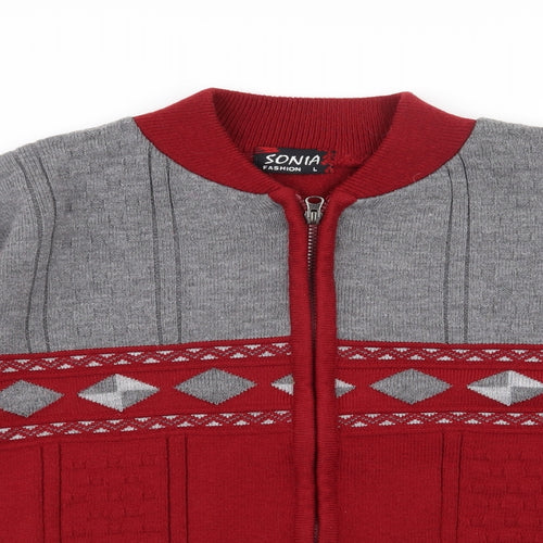 Sonia Fashion  Mens Red Round Neck  Acrylic Full Zip Jumper Size L