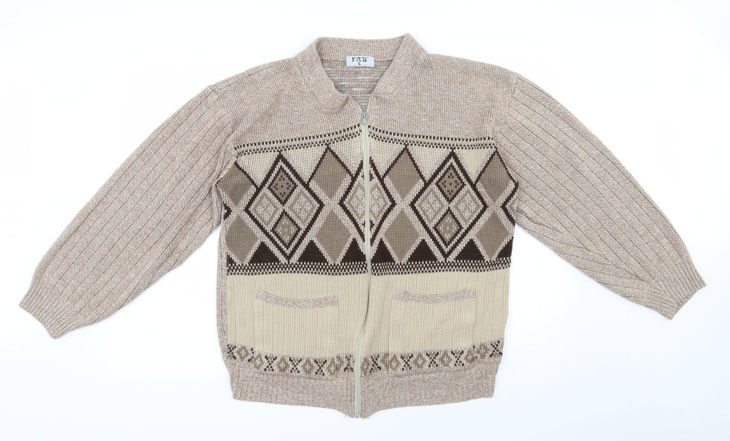 FAB  Mens Brown Round Neck Argyle/Diamond Acrylic Full Zip Jumper Size L
