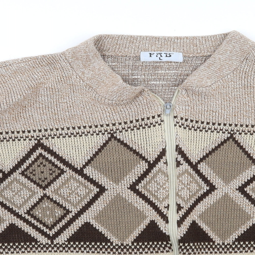 FAB  Mens Brown Round Neck Argyle/Diamond Acrylic Full Zip Jumper Size L