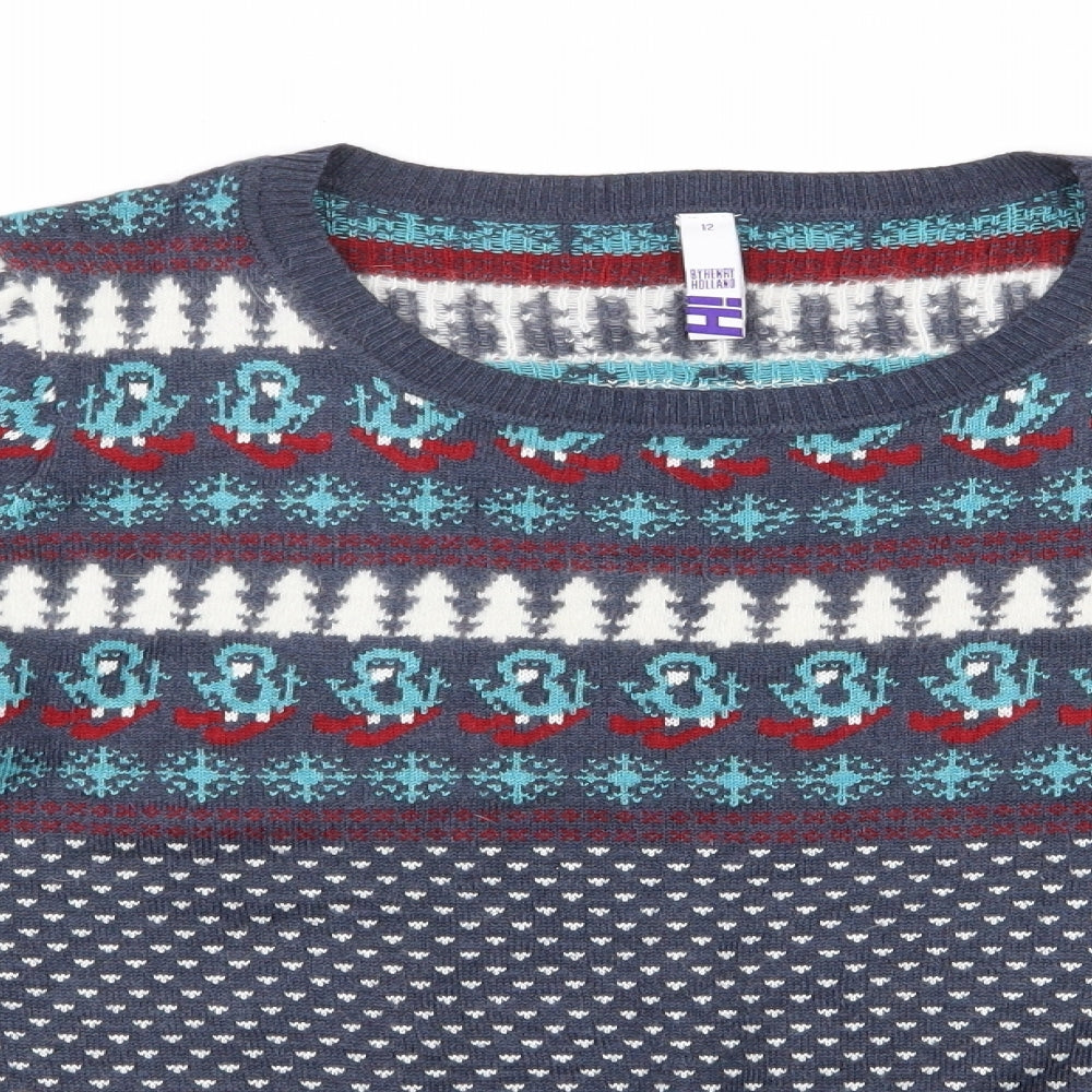Henry Holland Womens Blue Scoop Neck Fair Isle Acrylic Pullover Jumper Size 12