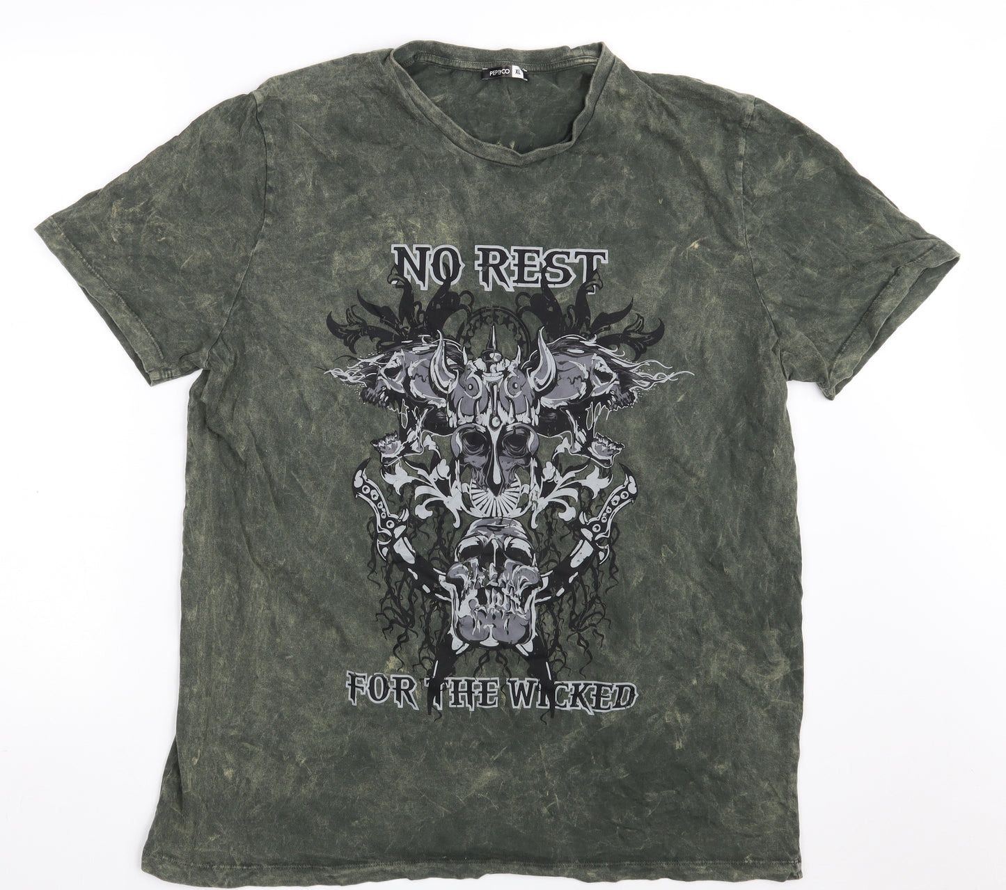 Pep&Co Mens Green  Cotton  T-Shirt Size XL Crew Neck  - NO REST FOR THE WICKED
