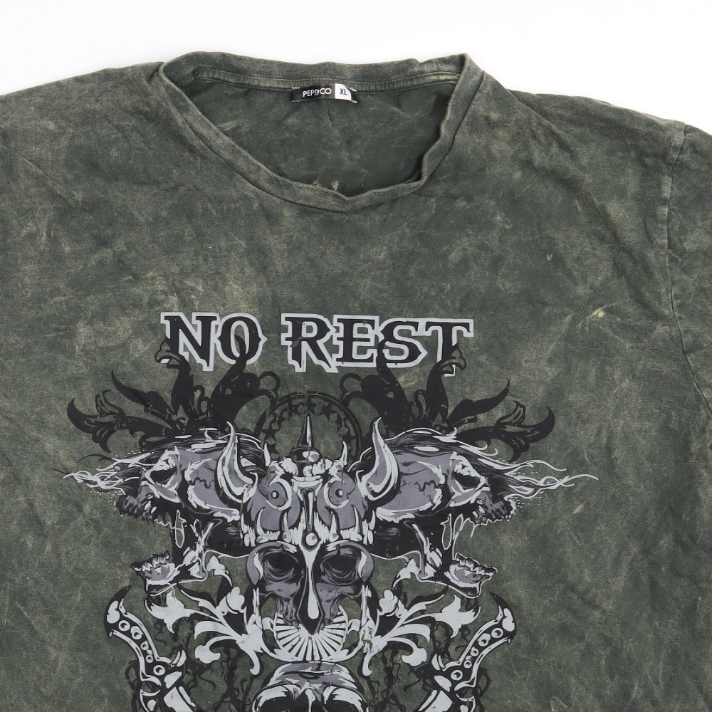 Pep&Co Mens Green  Cotton  T-Shirt Size XL Crew Neck  - NO REST FOR THE WICKED