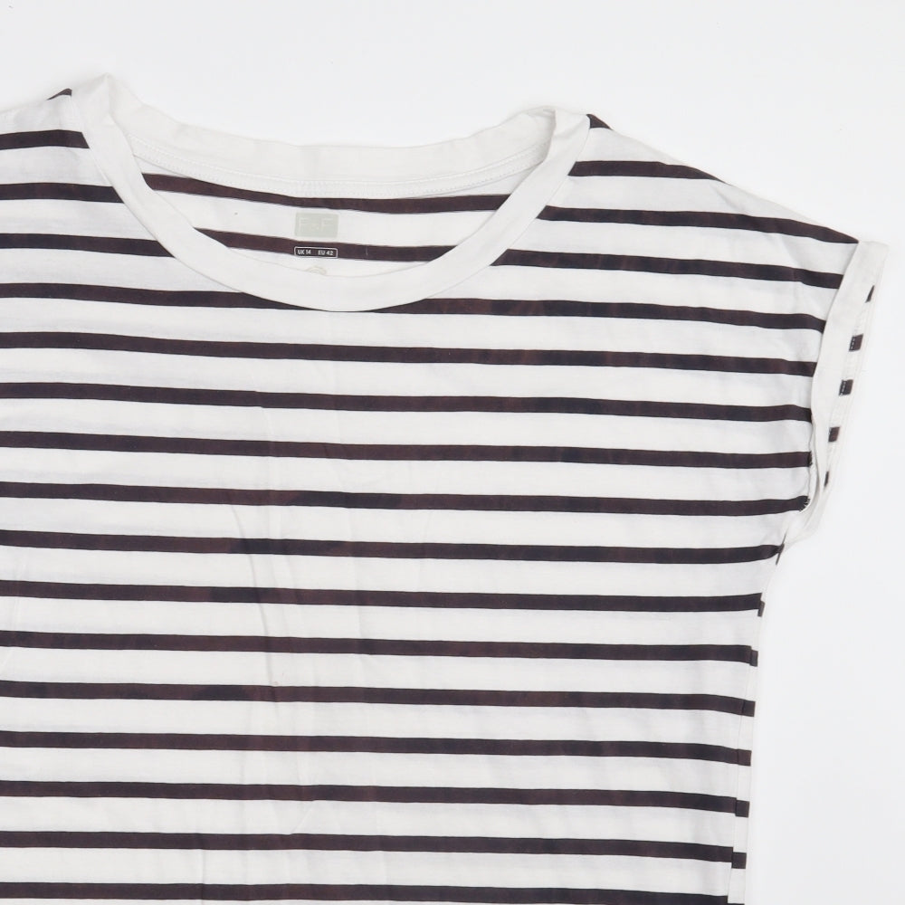 F&F Womens White Striped Cotton Basic T-Shirt Size 14 Boat Neck