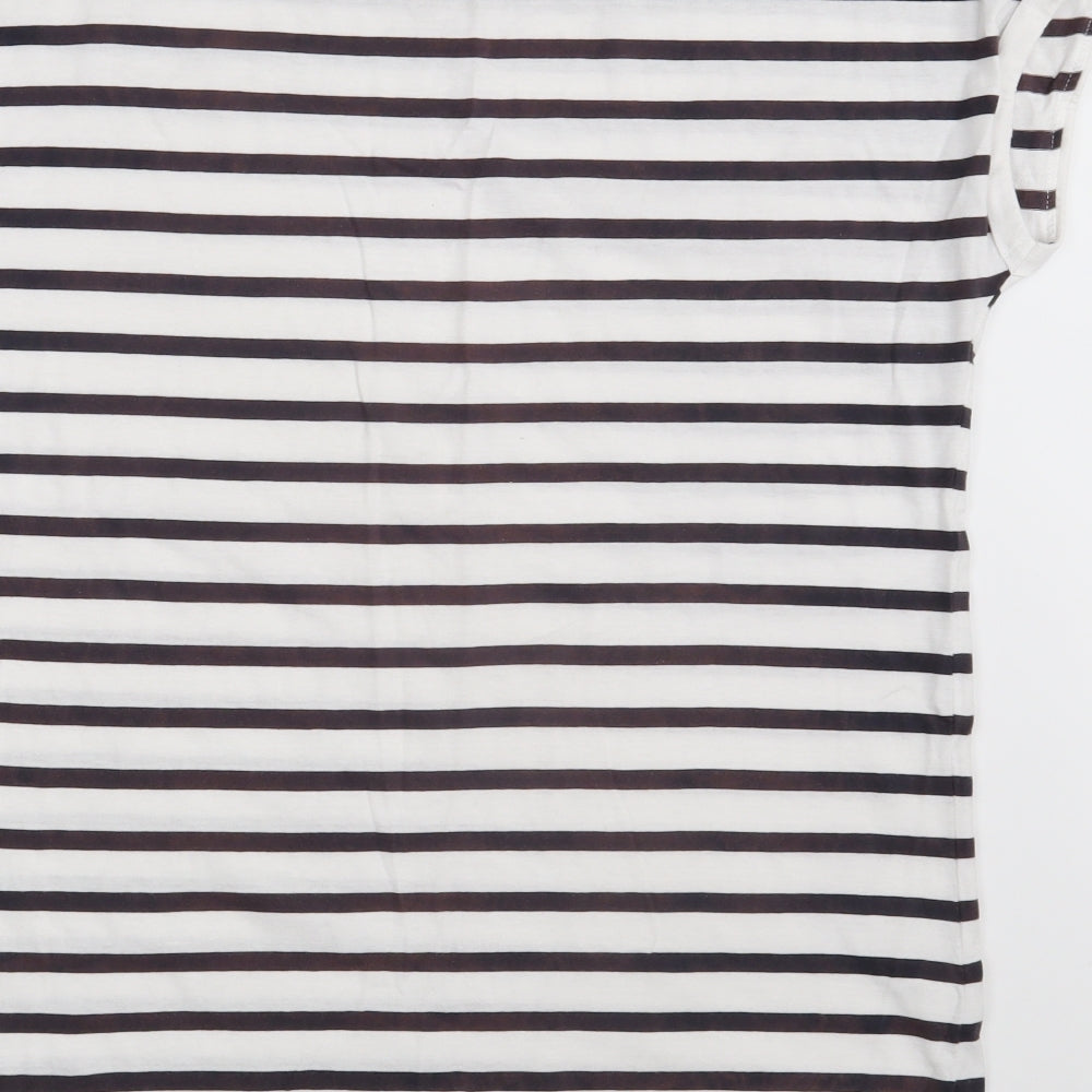 F&F Womens White Striped Cotton Basic T-Shirt Size 14 Boat Neck