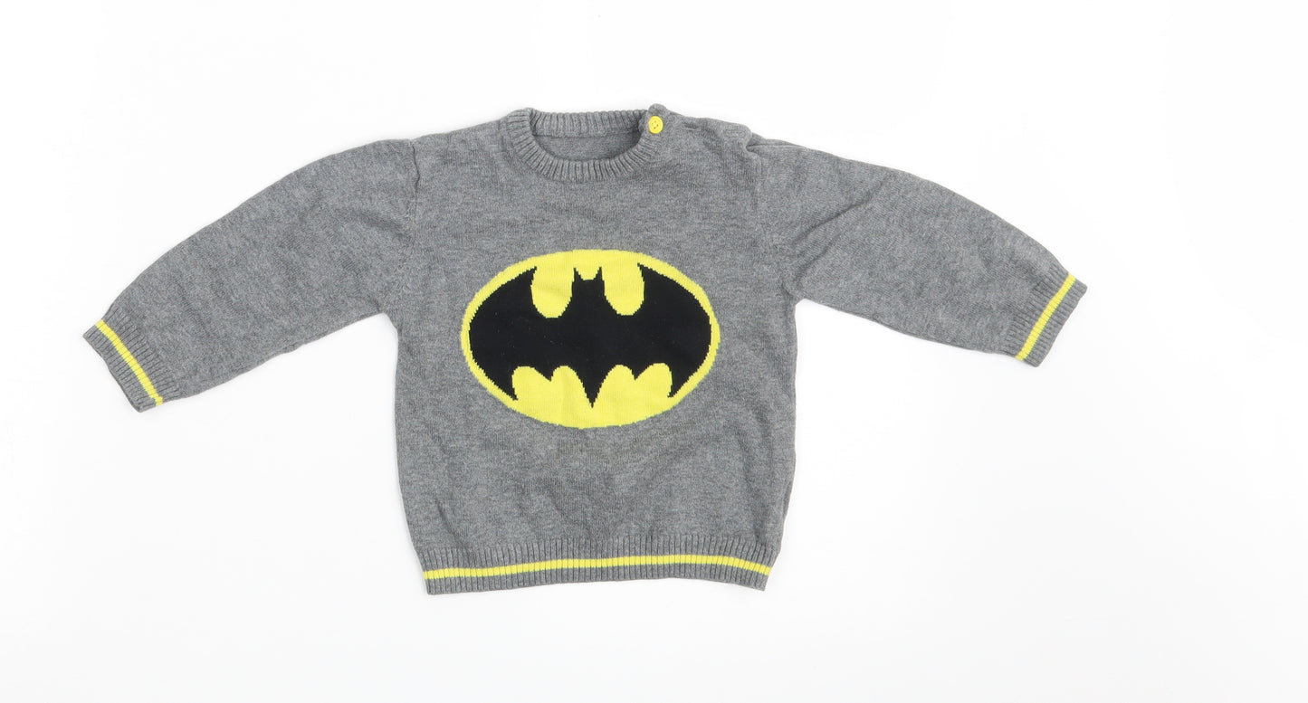 George Boys Grey  100% Cotton Pullover Jumper Size 9-12 Months  Button - BATMAN