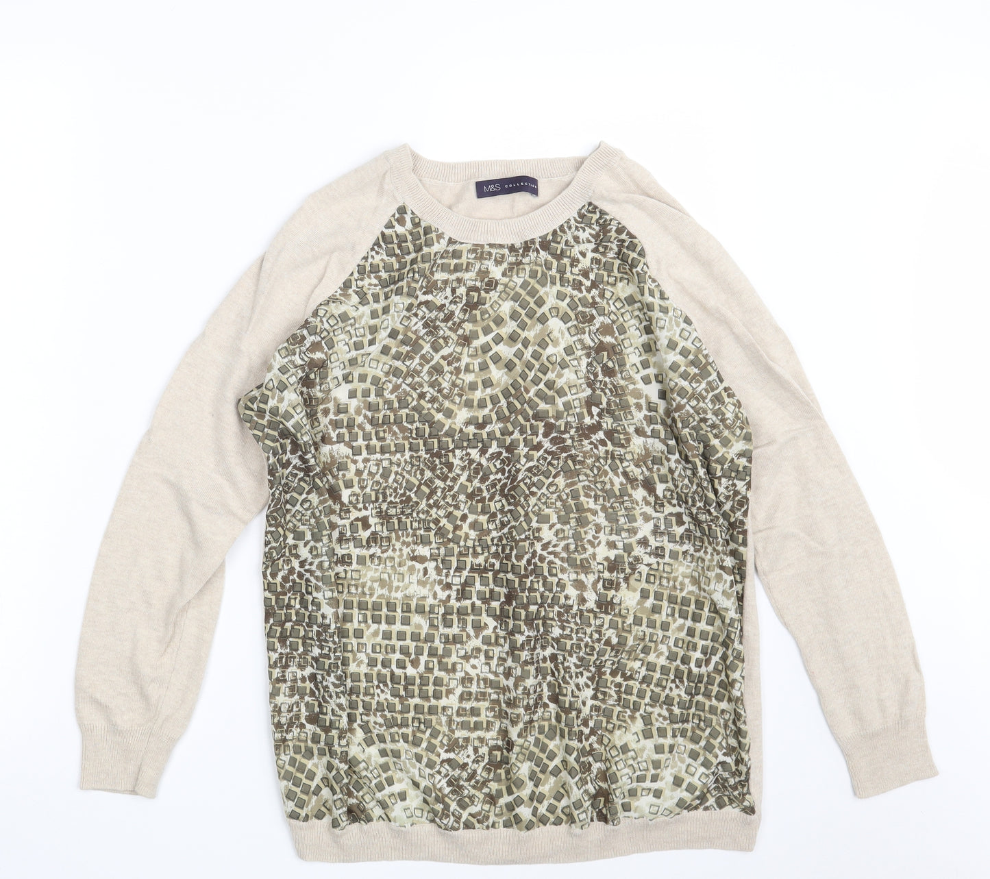 Marks and Spencer Womens Beige Crew Neck Geometric Polyamide Pullover Jumper Size 14