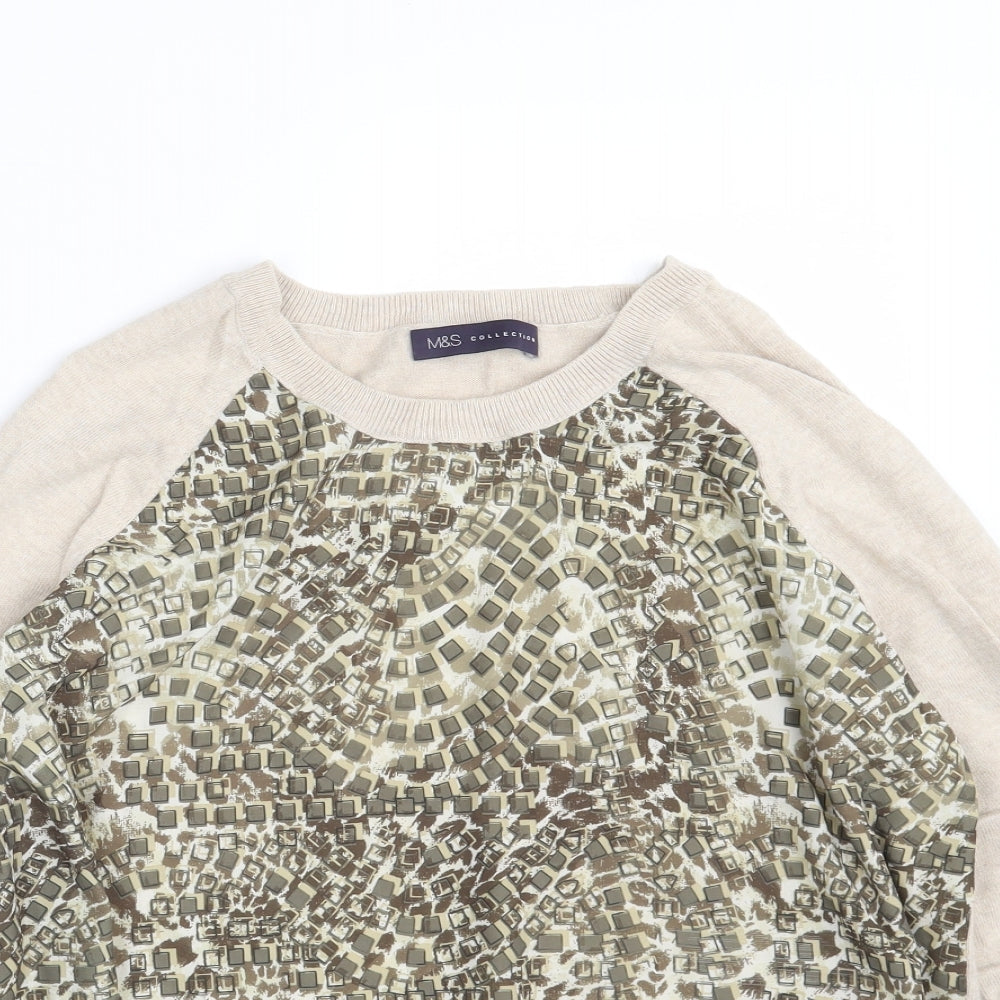 Marks and Spencer Womens Beige Crew Neck Geometric Polyamide Pullover Jumper Size 14