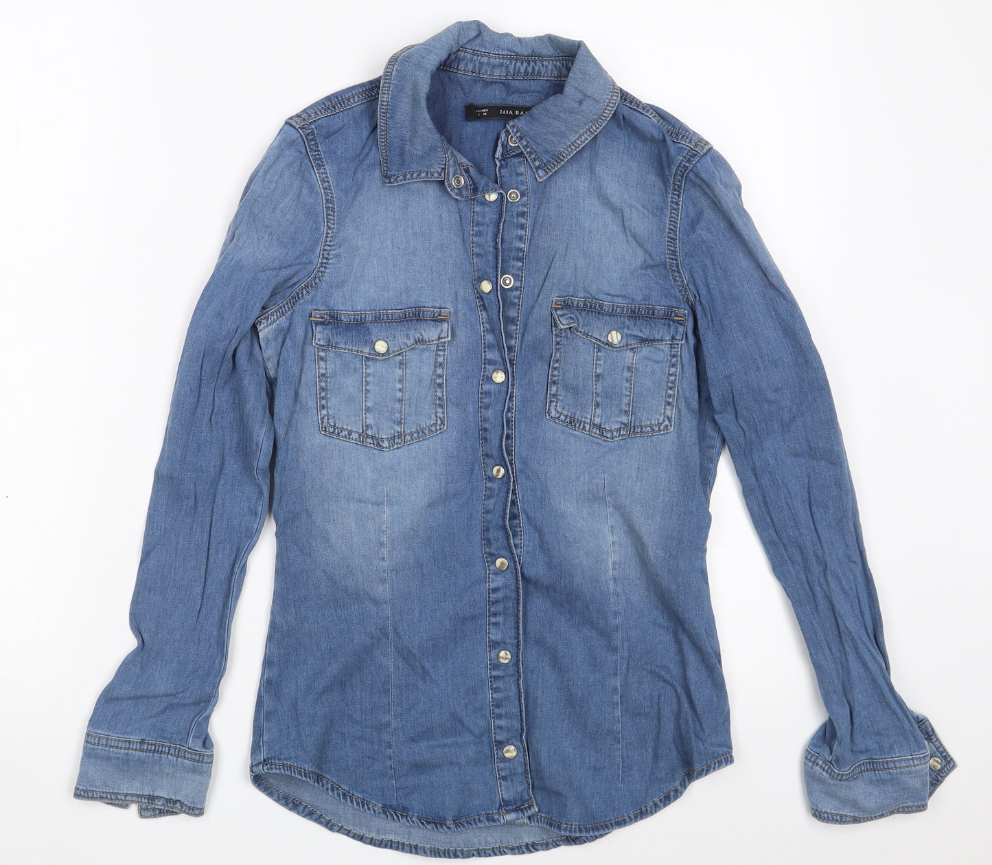 Zara Womens Blue  Cotton Basic Button-Up Size S Collared