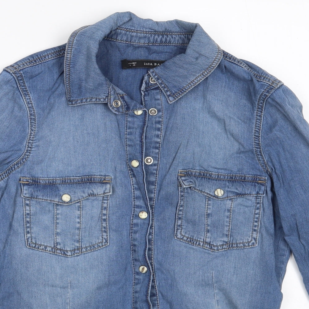Zara Womens Blue  Cotton Basic Button-Up Size S Collared