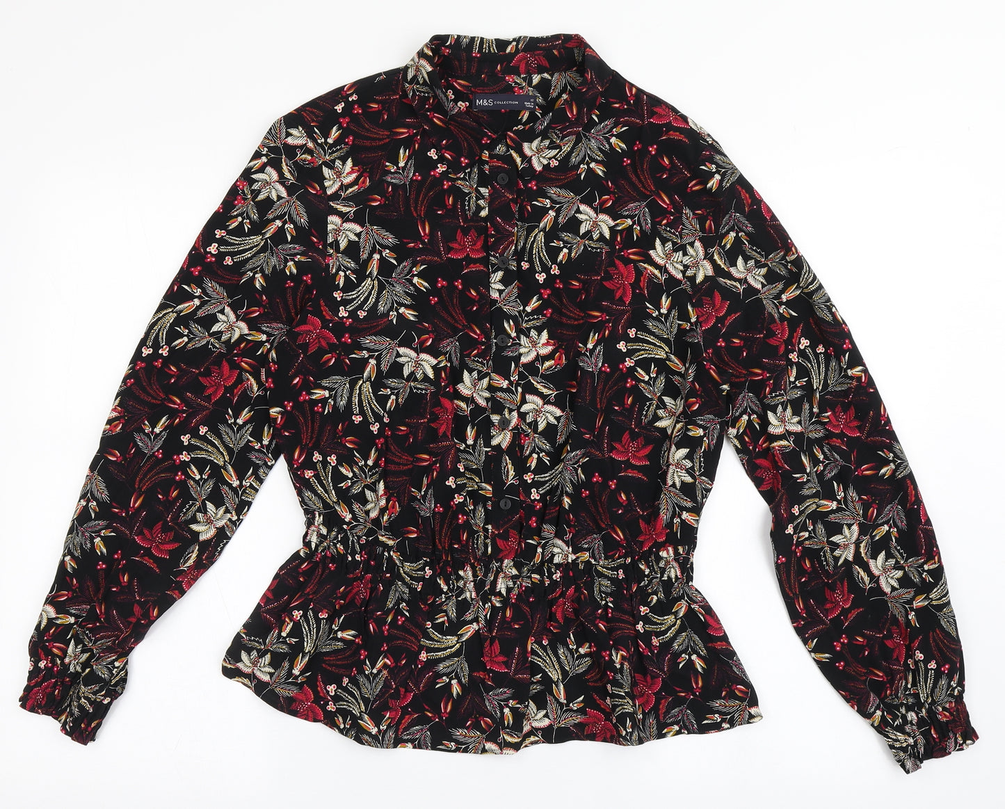 Marks and Spencer Womens Black Floral Viscose Basic Blouse Size 12 Collared