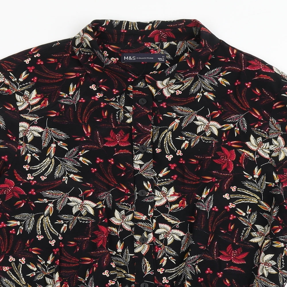 Marks and Spencer Womens Black Floral Viscose Basic Blouse Size 12 Collared